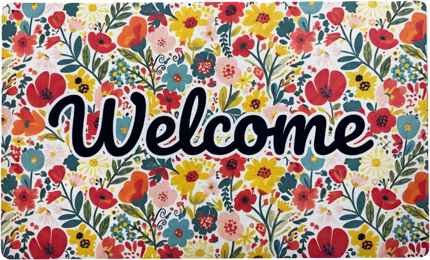 Welcome Mat 17x29 Inch Spring Summer Outdoors Indoors Front Door Mat, Low Profile Doormat for Outside Inside Home Entrance, Non Slip Rubber Back Floor Rugs for Entryway, Spring Flower
