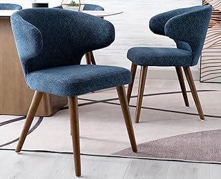 VESCASA Chenille Modern Dining Chairs with Wood Legs, Upholstered Curved Back Side Chairs for Dining Room/Living Room, Set of 2, Navy Blue