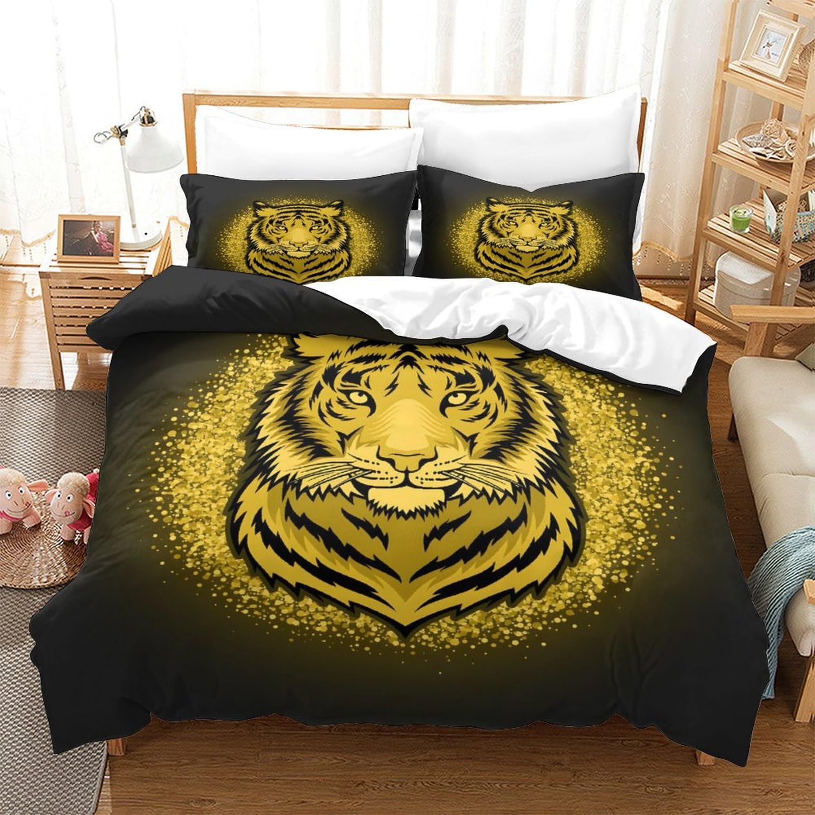 LIAOHENKAN Gold Tiger Full Size Duvet Cover Set for Teens Adults 3Pcs Ultra Soft Bedding with Zipper Closure Comforter Set Breathable Quilt Set for All Ages Super King（260x220cm）