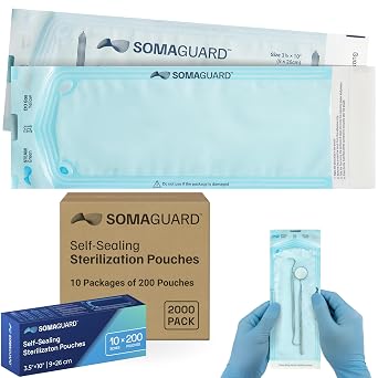 Self-Sealing Sterilization Pouches- 3.50 10" - 10 200 Pouches 2000 Pack - Steam Autoclave & EO Indicators - Triple Sealed - Latex-Free - Dental, Medical, Tattoo, Nail & Manicure