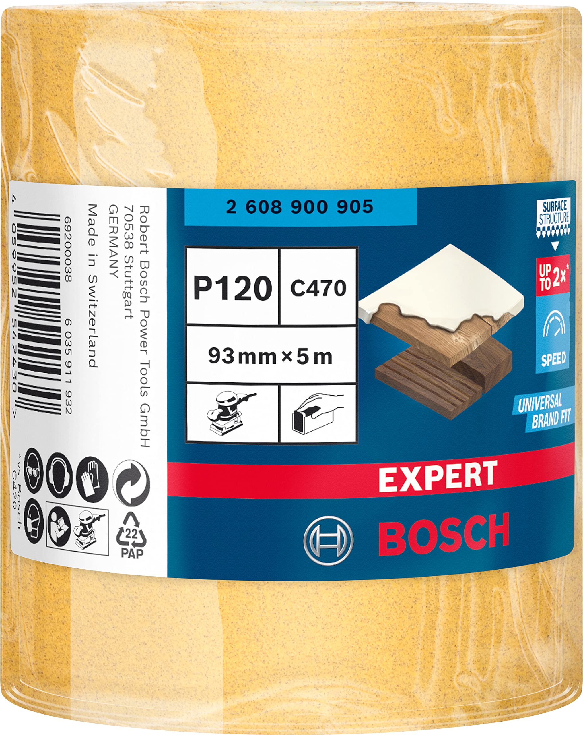 Bosch Accessories 1x Carta abrasiva in Rotoli Expert C470 per Legno Duro, Vernice su Legno, Larghezza 93 mm, Lunghezza 5 m, Grana 120, Accessorio Levigatura Manuale