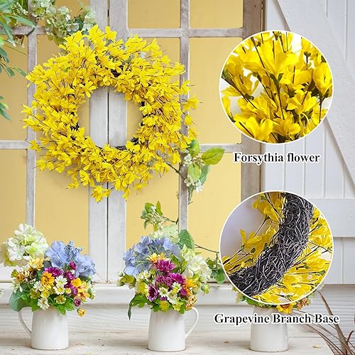 Miniatura 3 de Corona amarilla de Forsythia para puerta de Huashen de 24 pulgadas, corona de verano para puerta delantera, racimo de flores, corona de granja en