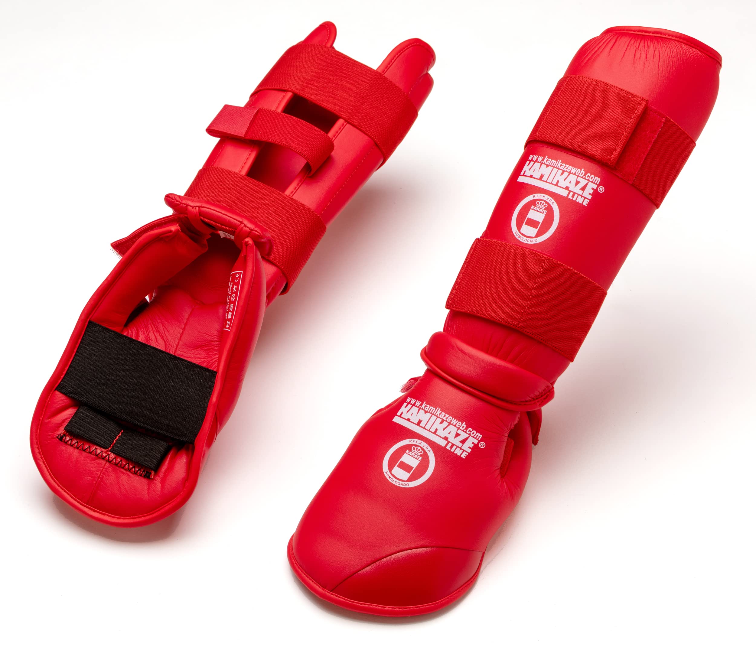 Espinilleras y Protectores de pie KAMIKAZE para Karate, homologadas RFEK (Rojo, L)