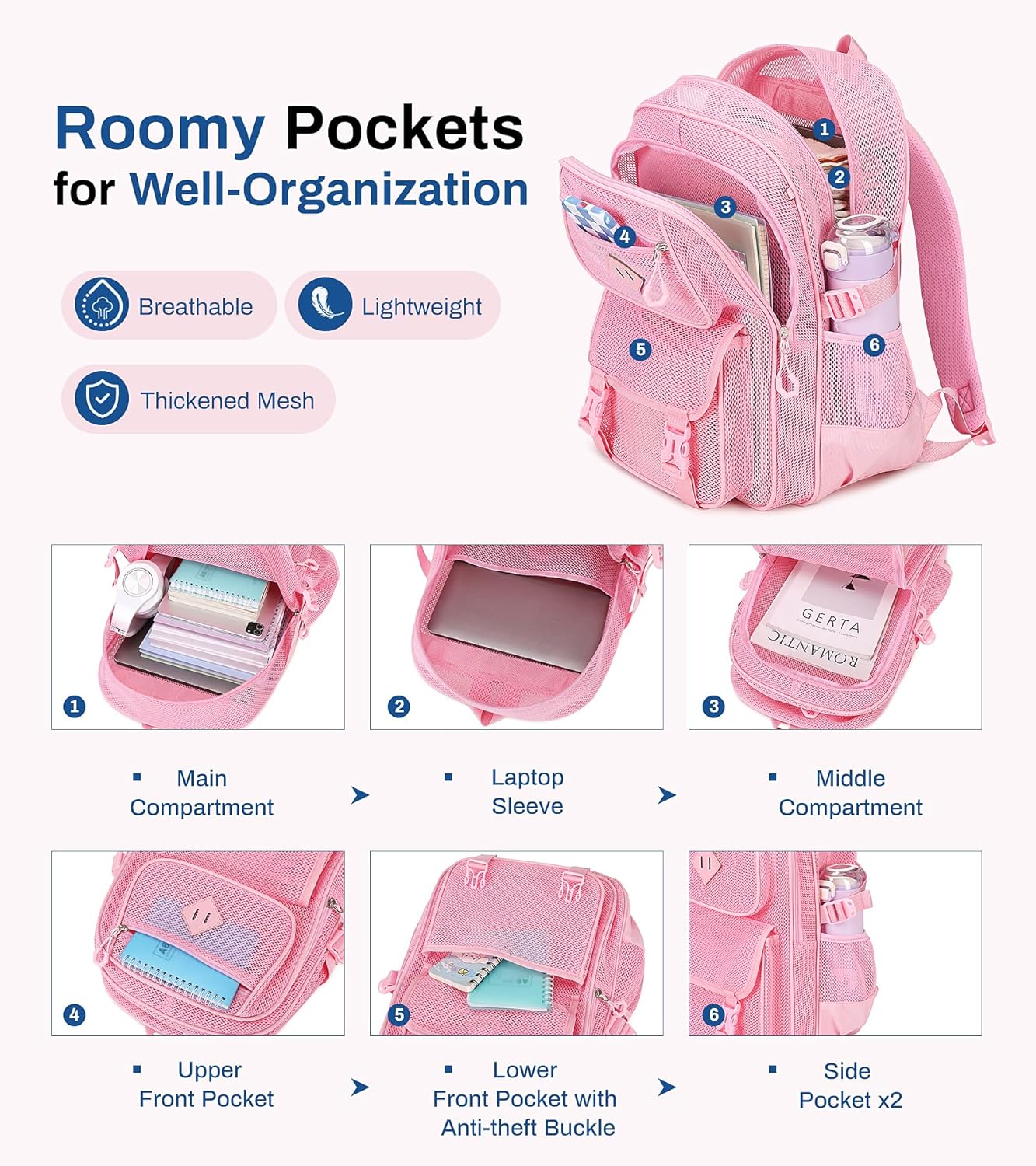 Mesh Backpack, 17in Heavy Duty See Through Backpack Ultra-Lightweight Net Bookbag Breathable Transparent Beach Backpacks for School Sports Gym, Pink - Image 3