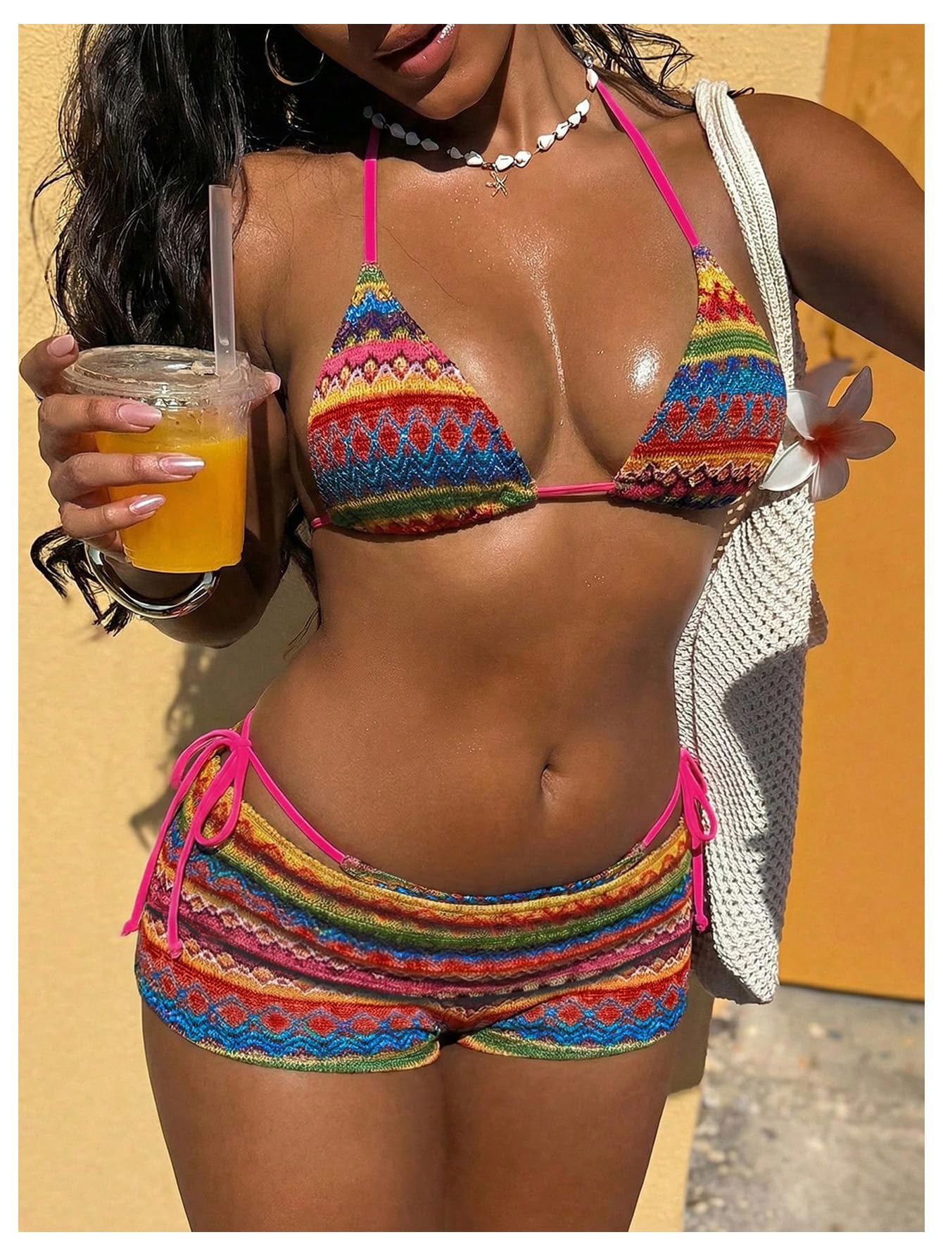 Costume da Bagno Donna A Righe Boho in 3 Pezzi, Triangolo, Perizoma, Bikini con Multicolore Piccolo
