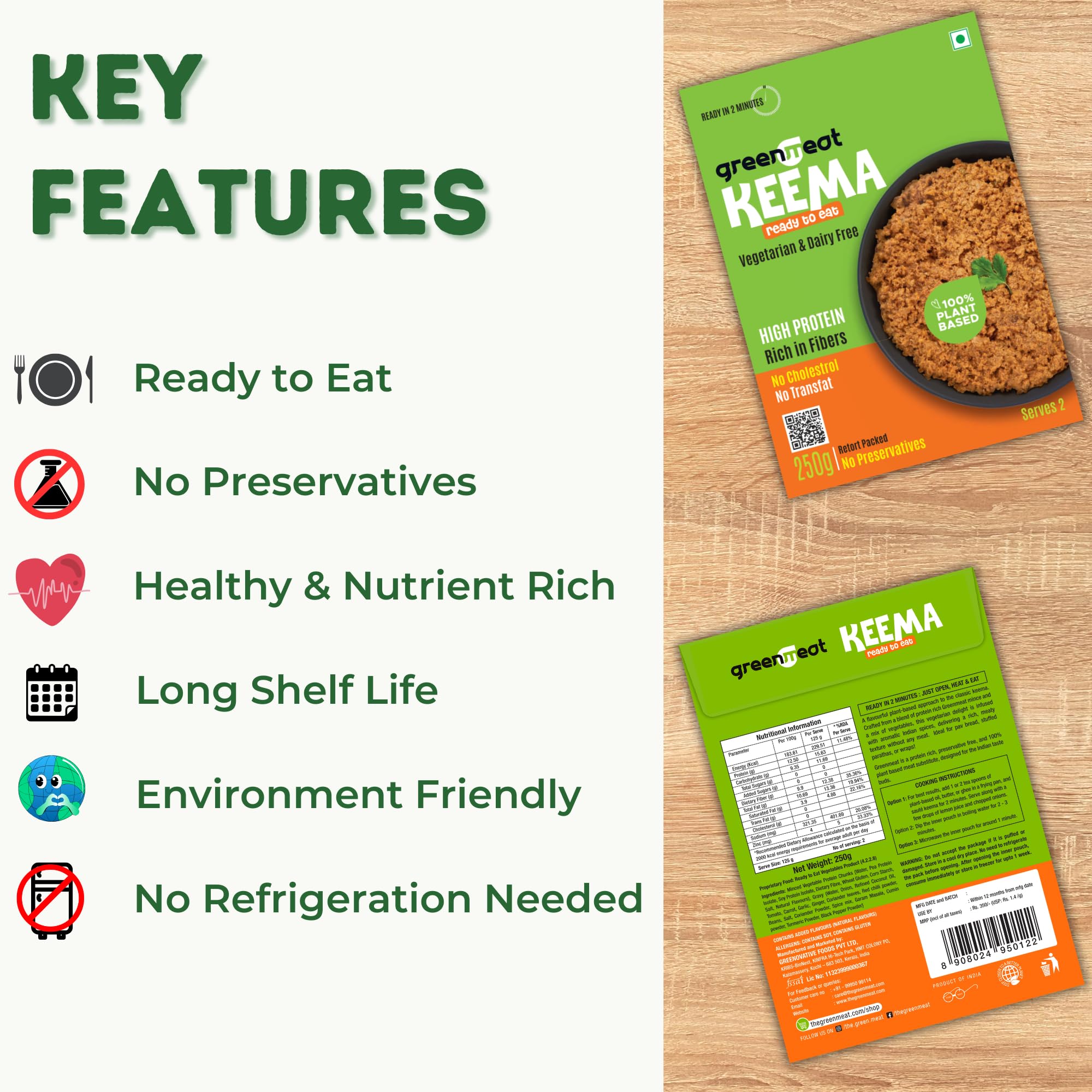 Greenmeat Keema | Ready to Eat | 100% Plant Based & Vegetarian | Protein & Fibre Rich | Low Fat & Zero Cholesterol | No Preservatives | Pack of 1 (250g) 2