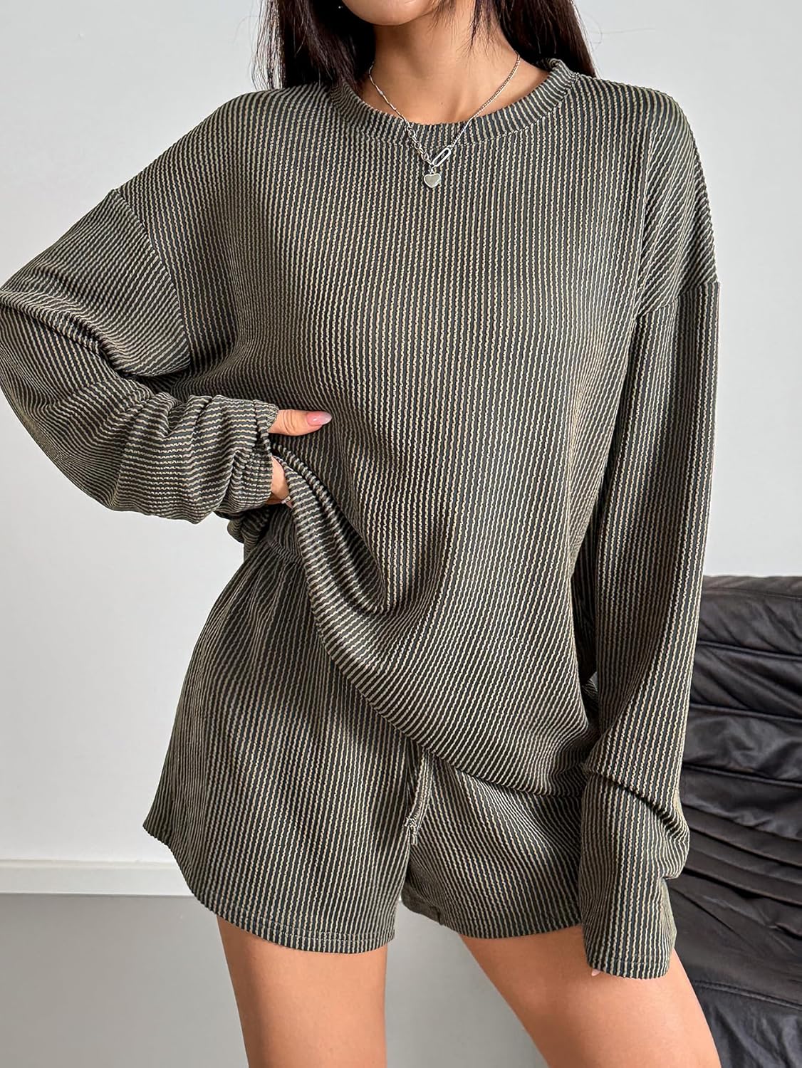 Womens 2 Piece Sets Ribbed Textured Knit Long Sleeve Shirts and Shorts Matching Lounge Set Loungewear - Image 3