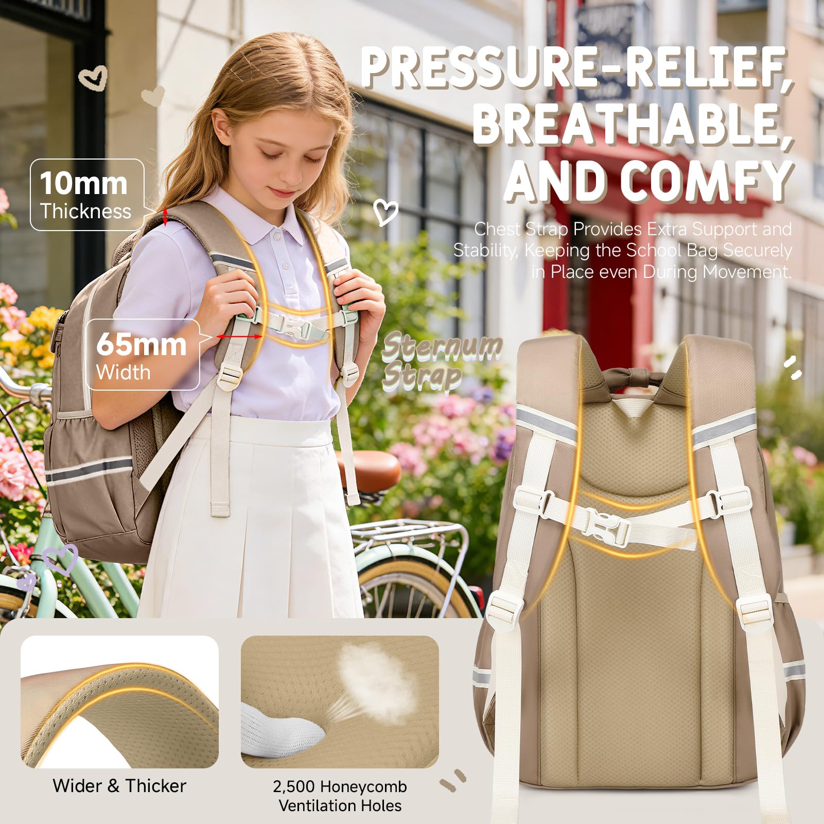 Amythe Zaino Scuola Elementare Bambina, Zaino Ragazza Traspirante e Comodo | dalla Prima alla Quinta Elementari, Zaini per la Scuola alla Moda con Striscia Riflettente, 22L, Marrone