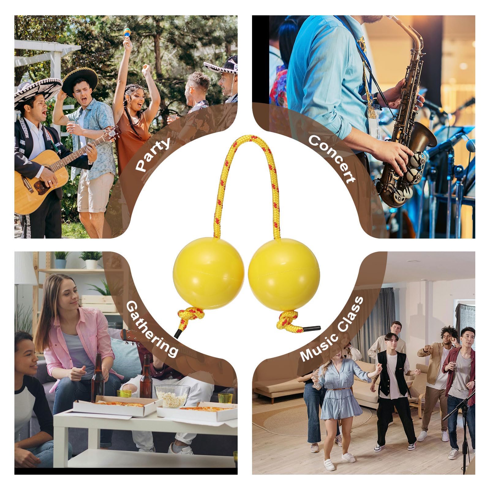 Rhythm Afrykański shaker Kashaka, Shaker Ball Kashaka, ręczne instrumenty perkusyjne z żółtą liną, odpowiednie dla dorosłych, na wesele, przyjęcie, klasę muzyczną (4 sztuki, żółty)