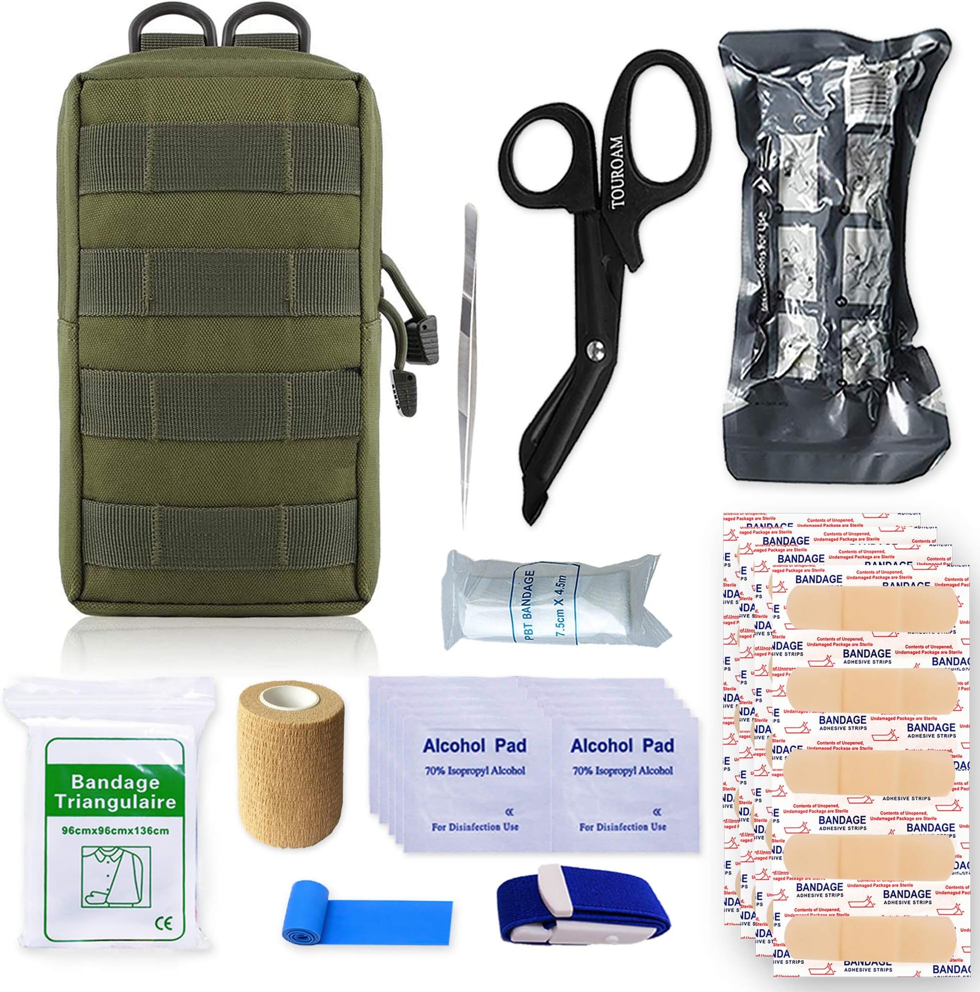 TOUROAM Trauma First Aid Kit -Tactical Emergency Israeli Bandage-Survival Military Combat Tourniquet-Small IFAK Pouch for Kayak Camping Sports