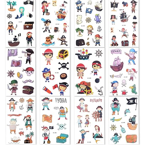 Konsait 107 tatuajes temporales de pirata para niñas, niños, bolsas de fiesta, regalo de cumpleaños para niños, suministros de fiesta pirata, regalos