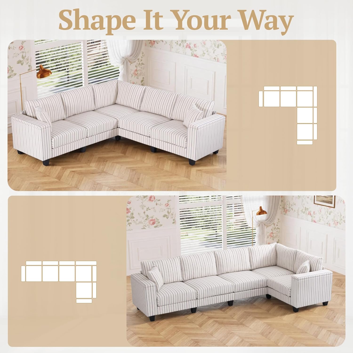 97" Stripe Pattern Sectional Corner Sofa with Storage Armrests & 2 Pillows, Oversized Modular Couch V-Shape Sofa Upholstered L-Shape Couch 5-Seat Sectional for Living Room, Apartment, Bedroom