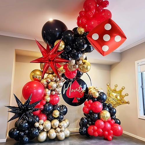 Kit de arco de guirnalda de globos dorados y rojos con temática de casino con globos de corona de dados de estrella para decoración de fiesta de