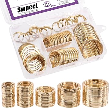 Swpeet 60 Pcs Gold Assorted Multi-Purpose Metal Keychain Rings Split Keyrings Flat O Ring for Home Car Keys Attachments Keys Pendants - 20mm, 25mm, 30mm, 35 mm, 38 mm
