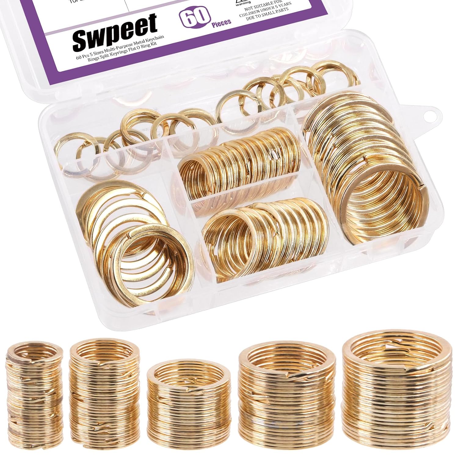 Swpeet 60 Pcs Gold Assorted Multi-Purpose Metal Keychain Rings Split Keyrings Flat O Ring for Home Car Keys Attachments Keys Pendants - 20mm, 25mm, 30mm, 35 mm, 38 mm