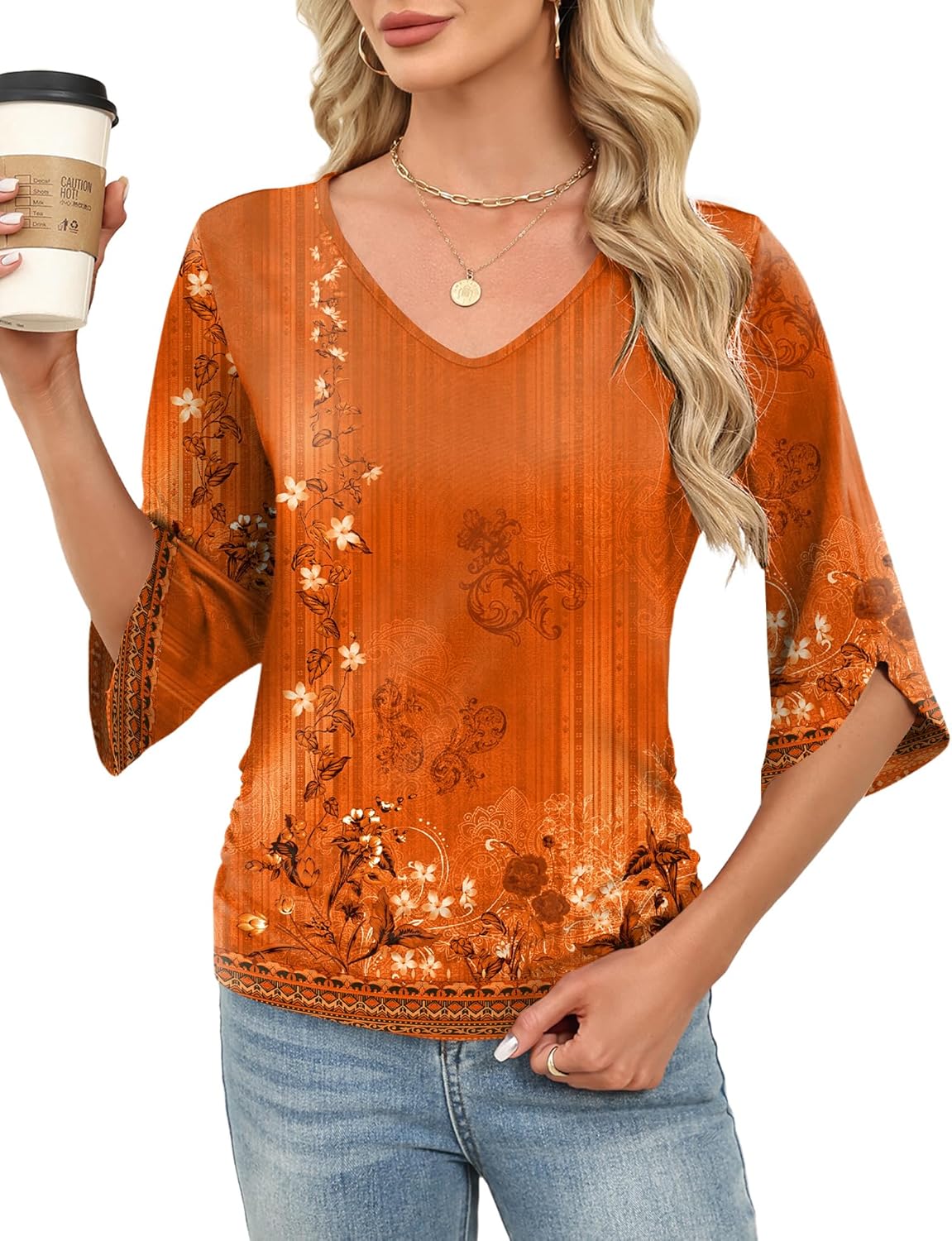 Micoson Womens 3/4 Sleeve Tops V Neck Spring Summer Shirts Beach Vacation Clothes - Image 2