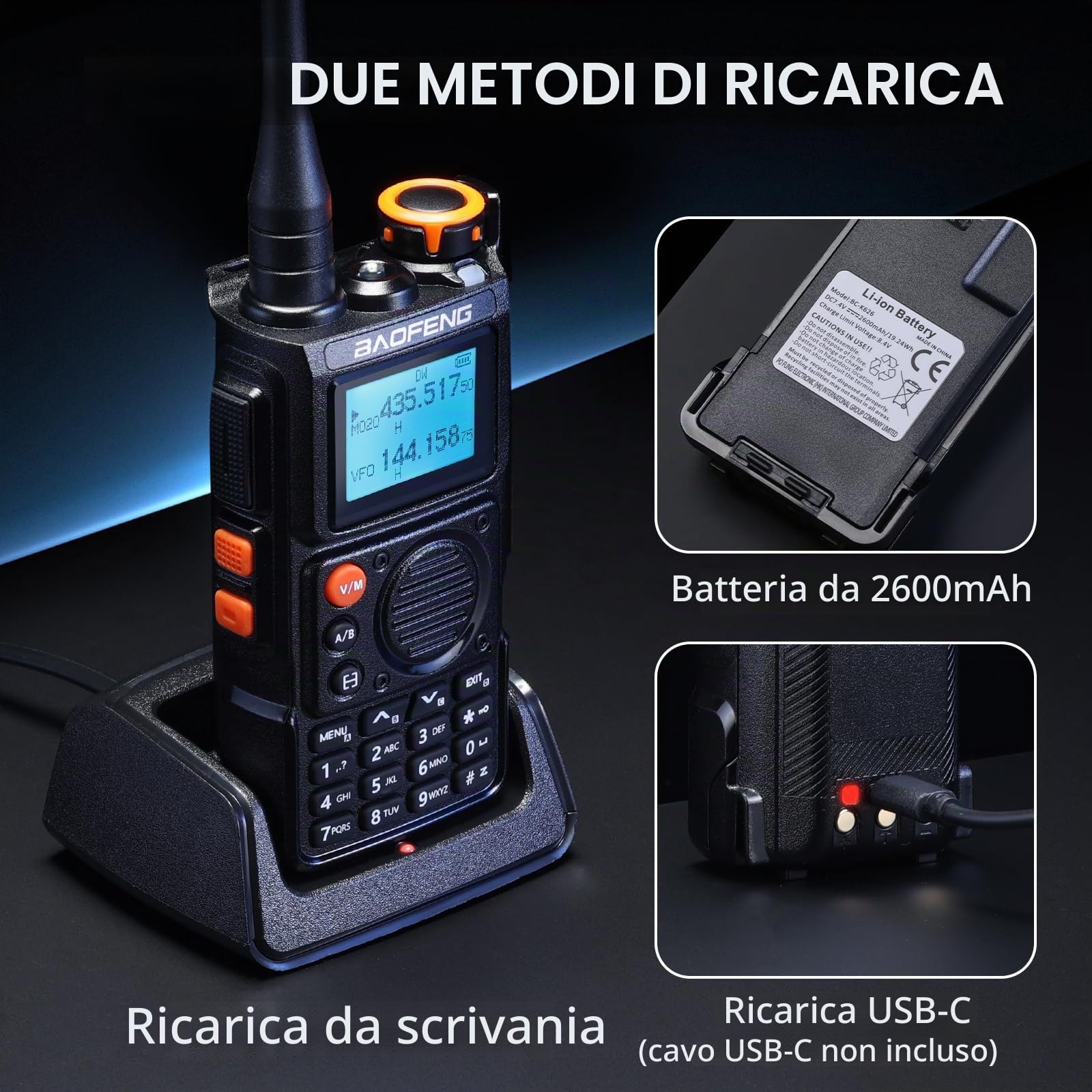 BAOFENG K6 Tri-band Walkie Talkie, 6W radio amatoriale, Multi Band UHF/VHF/FM/Aria, batteria da 2600 mAh, ricarica USB-C, cavo di programmazione, 999 CH, copia della frequenza wireless