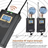 Vista 3 de Micrófono Lavalier inalámbrico, con bolsa de transporte, Comica CVM-WM100 PLUS UHF 48 canales Sistema de micrófono de doble solapa para cámaras