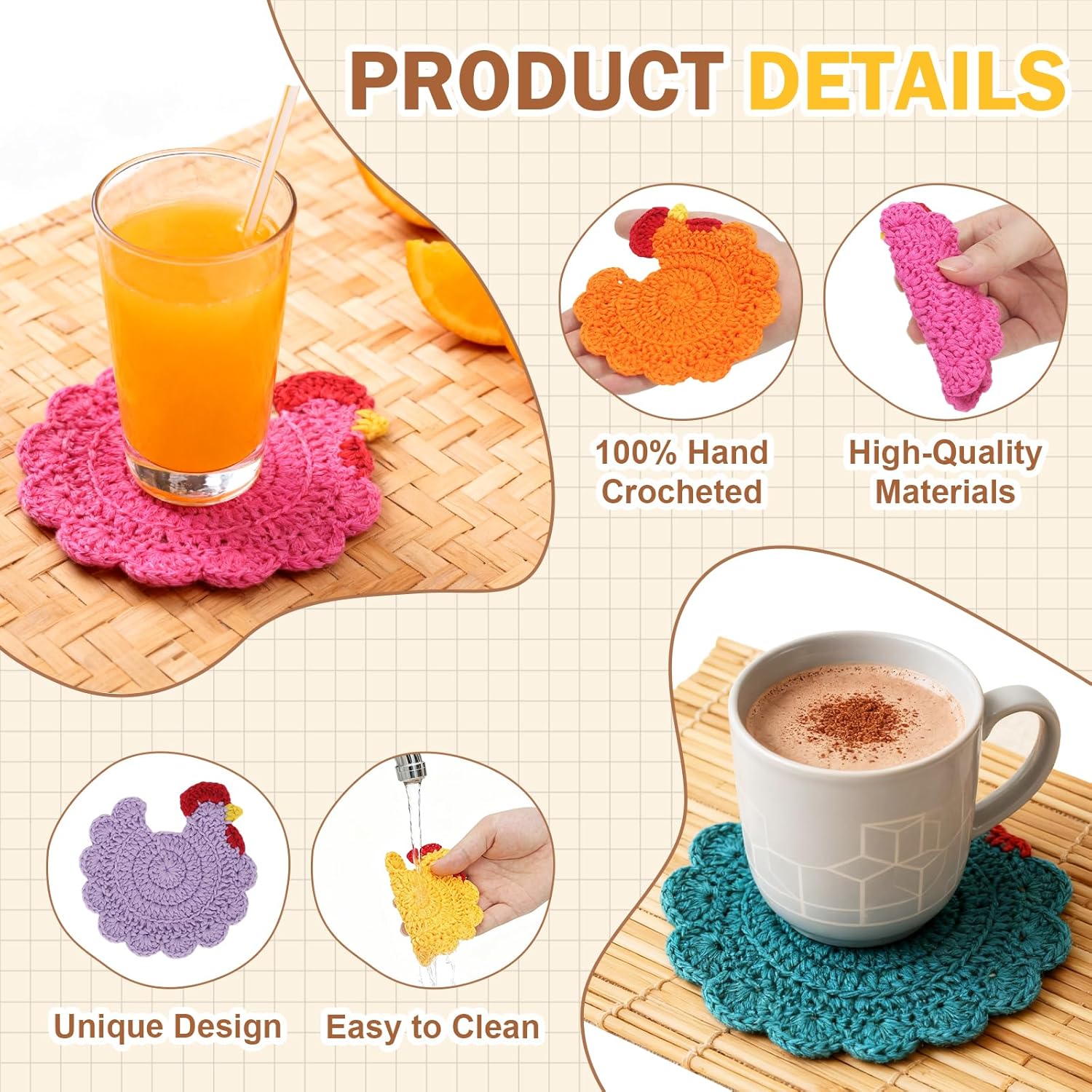 Chicken Coasters Set of 4, Handmade Crochet Farmhouse Drink Coasters, Funny Chicken Gifts for Women Chicken Lovers, Cute Knitted Desk Accessories, Unique Housewarming Gifts B - Image 3