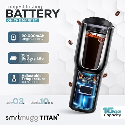 Miniatura 3 de TITAN - Taza de café calentada, 15 onzas. Batería de 15 horas de autocalentamiento, funciona con pilas, temperatura ajustable, pantalla LCD,