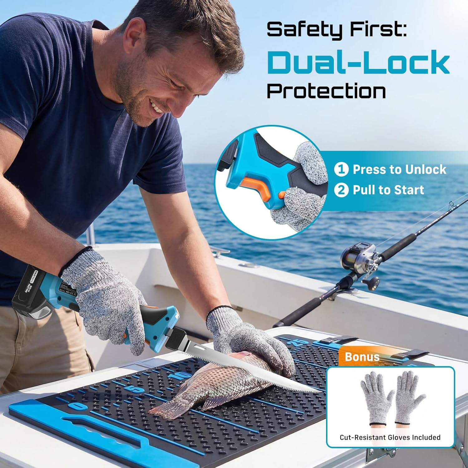 Seesii Cordless Electric Fillet Knife with Fish Fille Mat, High Torque Fillet Knives with 4 Reaplaceble Blade, Non-Slip Grip, Safety Lock, Storage Bag Complete Kit for Filleting and Meat Slicing