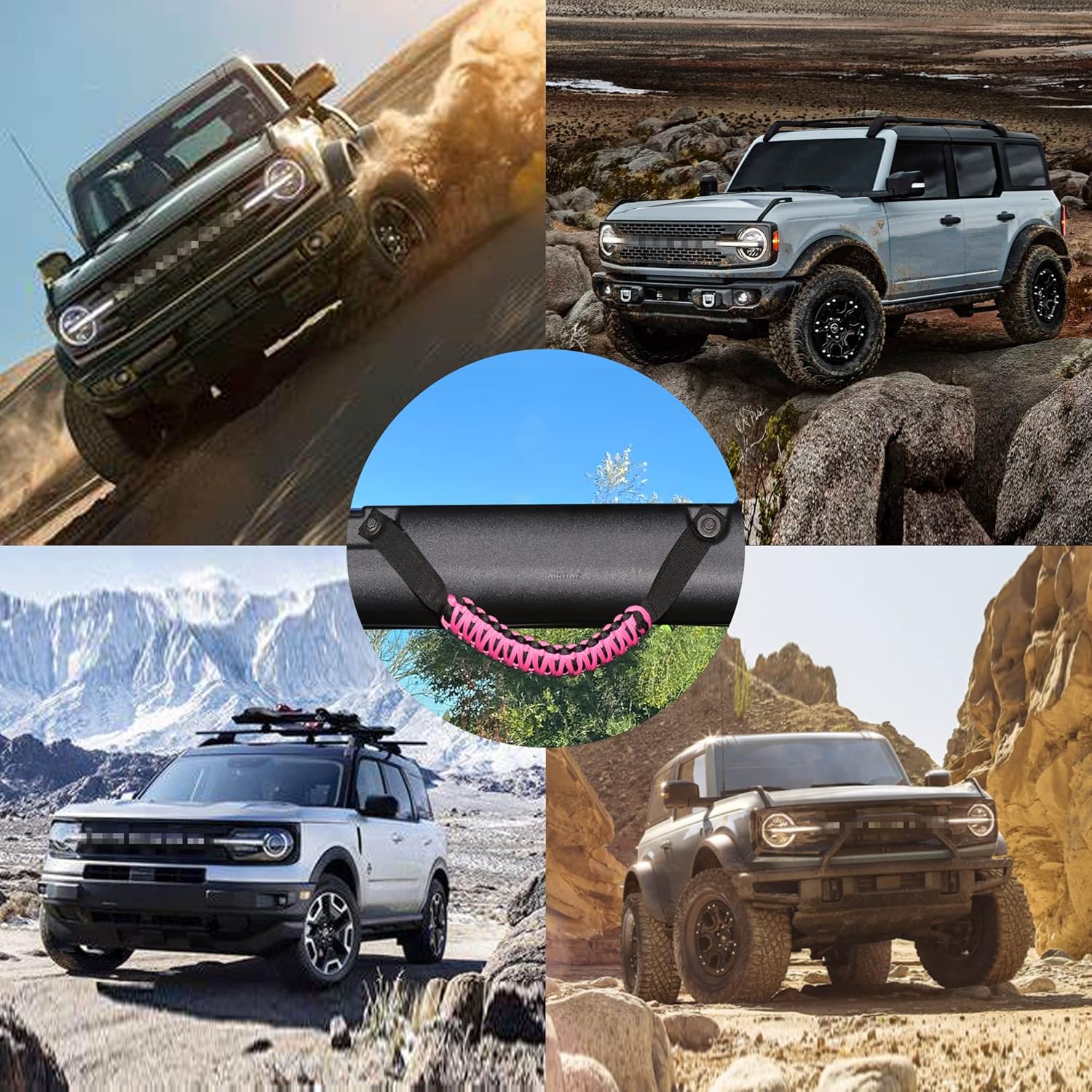 sukemichi for Bronco Grab Handles, Paracord Roll Bar Grab Handles for 2021 2022 2023 2024 2025 2026 Ford Bronco Accessories 4 Door 2 Door, Pink, 4 Pack