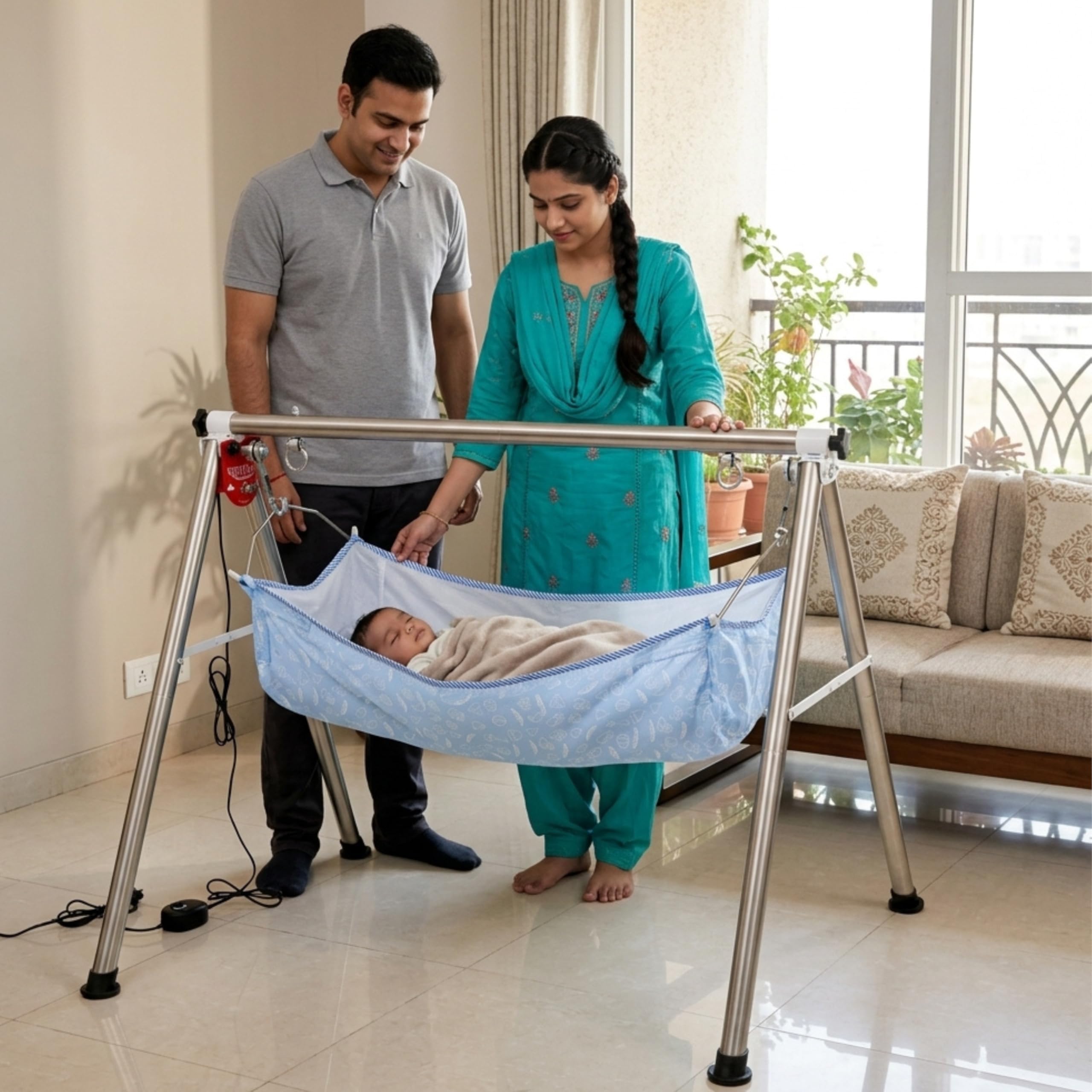 TINYTYKE Automatic Cradle for Baby - Electric Swing Cradle with Adjustable Speed - Semi-Foldable Frame with Blue Cloth and Mosquito Net - Baby Palna/Jhula for Kids of 0 to 3 Years - Carry Upto 20kgs