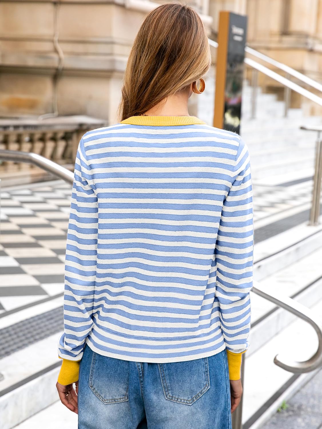 Glamaker Women's Striped Fall Cardigan Sweater Cropped Button Down Knit Long Sleeve Crewneck Fashion Cardigans - Image 5