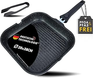 DIVORY Grillpfanne 28 cm – Gerippte Antihaft-Oberfläche, abnehmbarer Griff – Für alle Herdarten geeignet, Induktion – Steakpfanne für Steaks & Grillgemüse, inkl. Grillzange – Frei von PFOA & PFOS