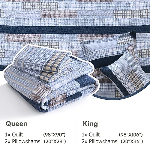 Miniatura 5 de Finlonte Colchas de algodón tamaño Queen  Colcha azul y blanco tamaño Queen colcha acolchada a cuadros de retazos juego de ropa de cama reversible