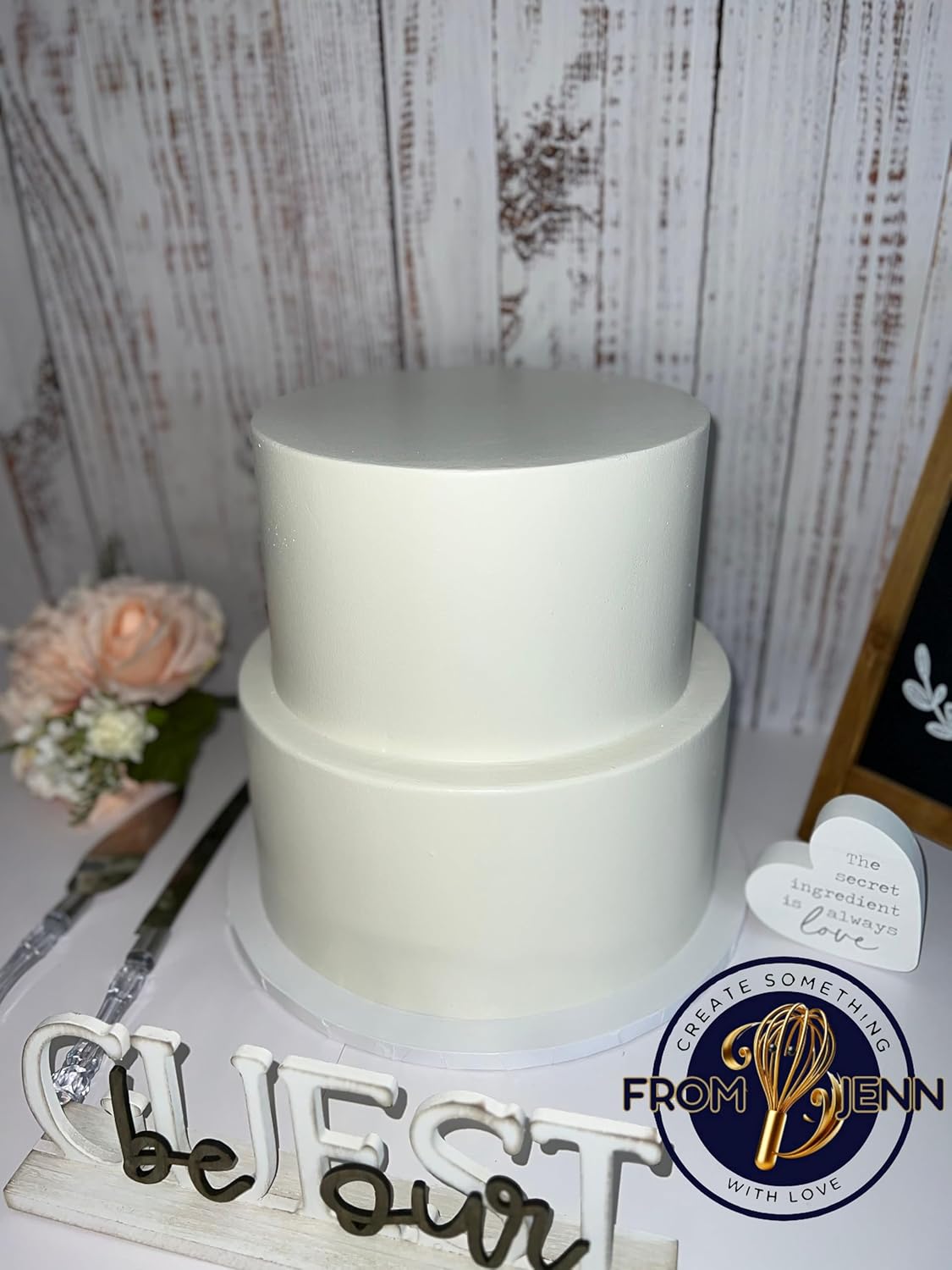 FromJennWithLove 2 Tier Fake Cake - 12in Tall Ivory Cake, Perfect for Wedding Cake Toppers & Cake Decorations, Weather Resistant Fake Food for Event Planners & Bakers, Made in USA