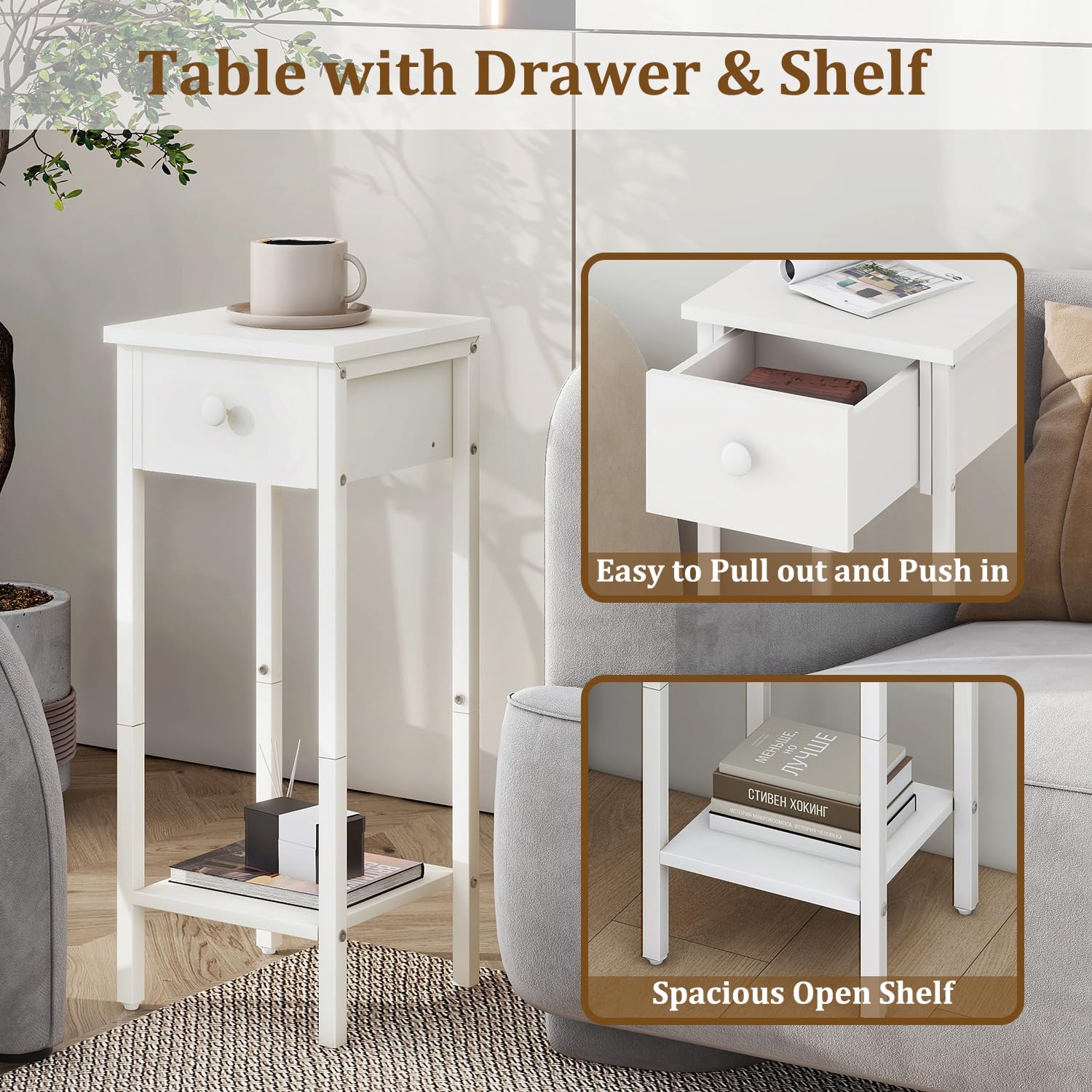 IBUYKE Juego de 2 mesitas de noche delgadas, mesita de noche estrecha con cajón, mesa de teléfono para espacios pequeños, 25 x 25 x 70 cm, mesa auxiliar lateral pequeña para dormitorio, sala de estar