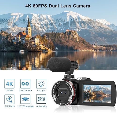 Miniatura 2 de Cámara de Video, Videocámara 4K, Cámara de 64MP 30FPS de Doble Lente con Micrófono Inalámbrico para Vlogging YouTube, Pantalla Ultra HD de 3