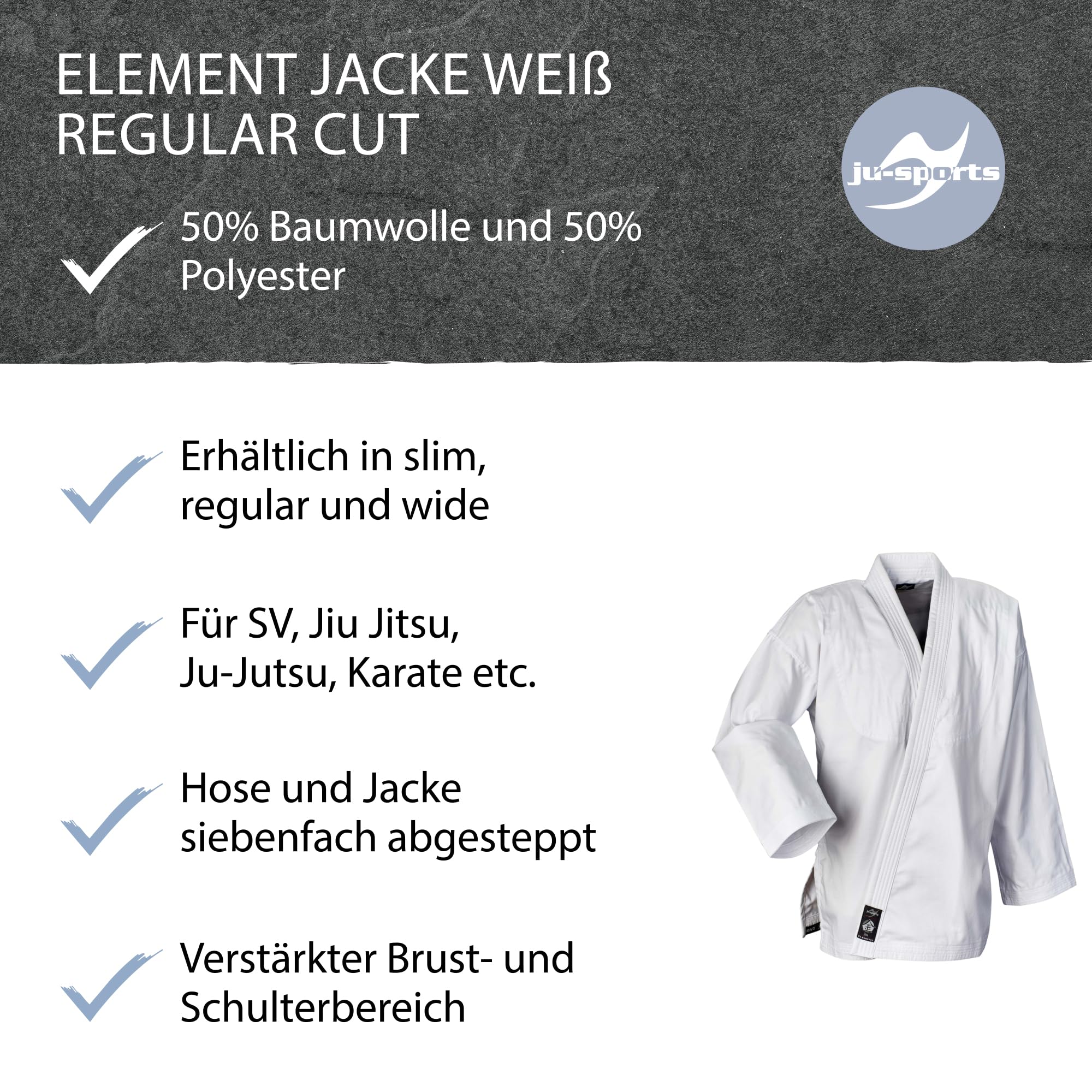 Ju-Sports Element Jacke Weiß regular cut I Judoanzug Jacke Kinder & für Erwachsene I Judogi Jacke aus langlebigem Mischgewebe I Doppelt verstärkter Schulter- & Brustbereich