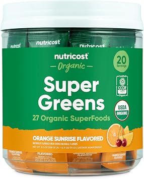 Nutricost Organic Super Greens Orange Sunrise Flavored 20 Stickpacks - Gluten-Free, Non-GMO