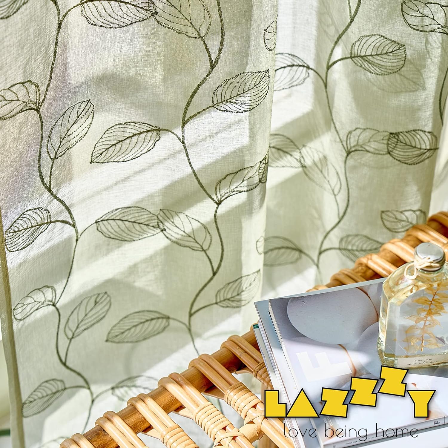 Lazzzy Sage Sheer Curtains Leaf Embroidered 63 Inch Length for Living Room Bedroom Rod Pocket Voile Window Drapes 2 Panels