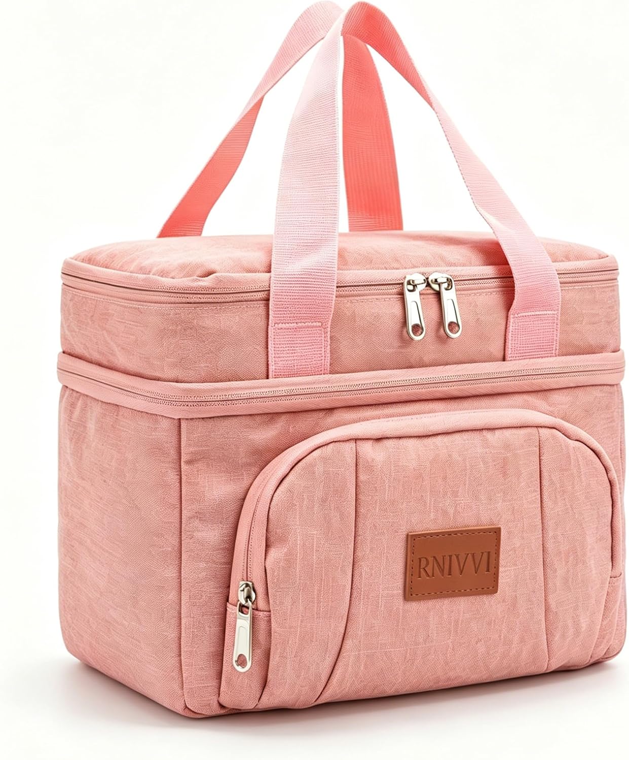 Rnivvi Lunch Box for Women, Double Decker Insulated Cooler Bag Lunch Bag Reusable Leakproof Tote Lunch Container with Strap for Work Family Picnic Hiking Camping, 18 Cans 12L, Large Adults, Pink