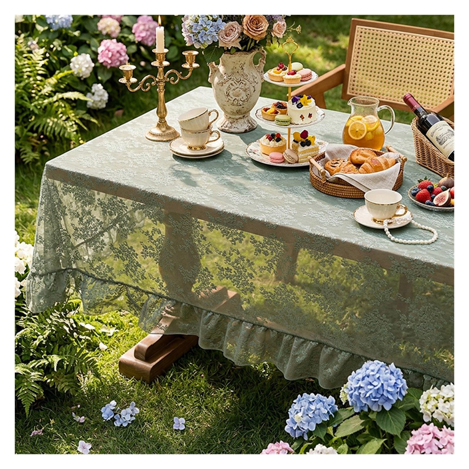 NJIEzhao Embroidered Lace Tablecloth Embroidered Lace Tablecloth Elegant Floral Rectangular Hollow Out Decorative Table Cover(Green,140x100cm)