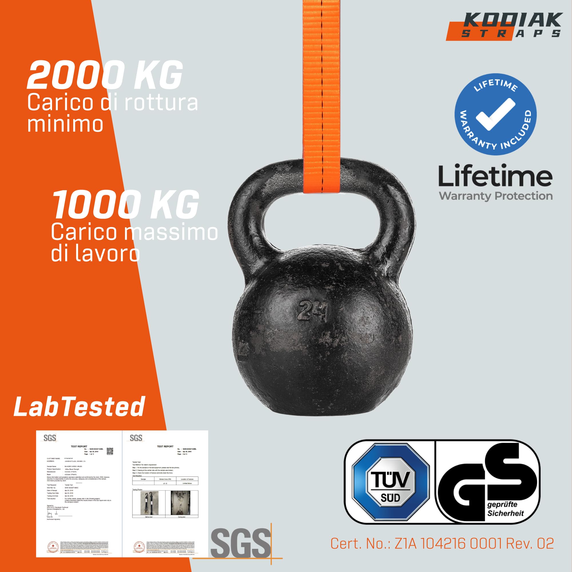 10 Cinghie di Tensione 4m x 1000kg con Chiusura a Cricchetto - Cinghie a Cricchetto da 25mm - Arancione - per Bagagli e Trasporto - Certificato TÜV/GS e secondo la Norma DIN EN 12195-2 - KODIAK STRAPS
