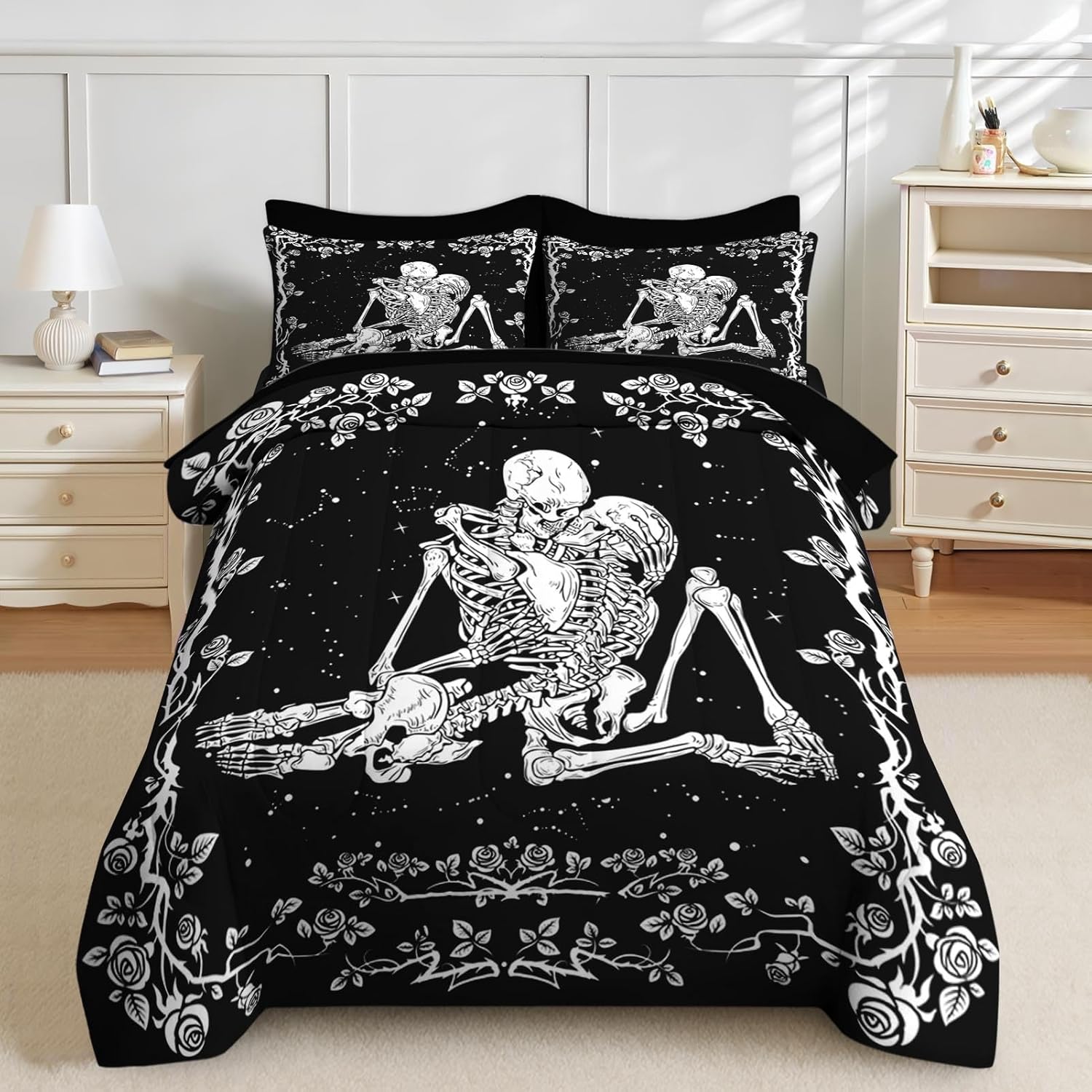 Nesker Comforter Set Full Size, Gothic Kissing Skeleton Lover 7 Pcs Bedding for Kids and Adults, Rose Black Lovers Black Bed Sheet Sets with Fitted Sheet 2 Pillowcases & 2 Shams - Image 7
