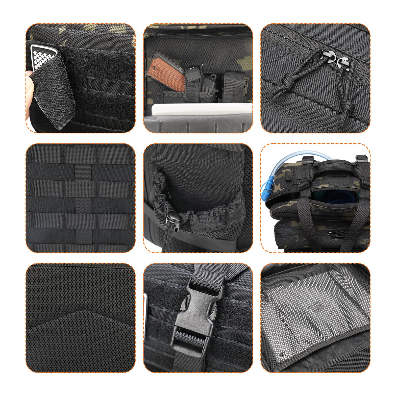 Mochila táctica W.Gun Holster para hombres, mochila militar de caza mochila de senderismo mochila de 3 días con bolsillo lateral, Negro mejorado., Tamaño único, Mochila táctica de asalto 6