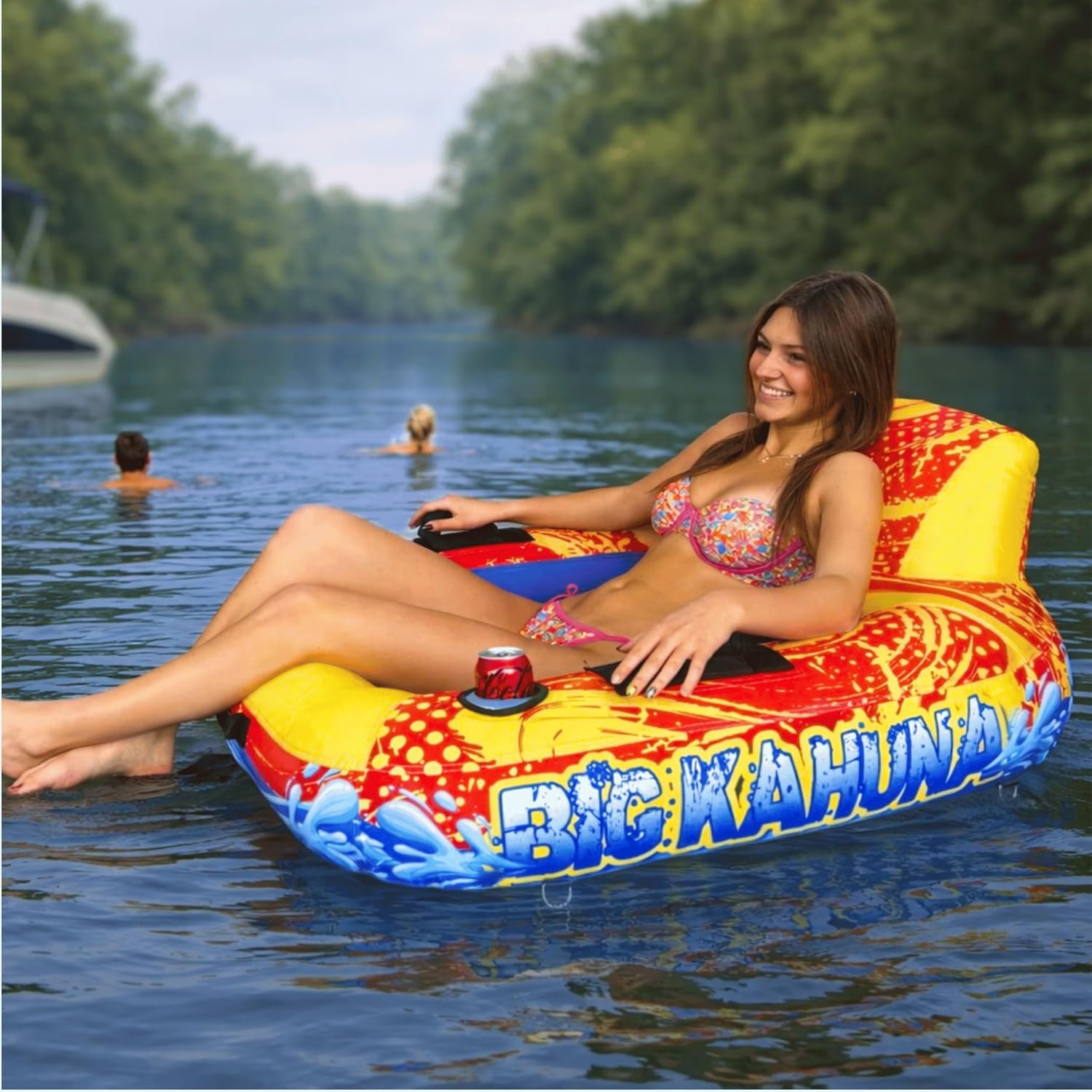 Heavy Duty Inflatable River Tube Float for Adults – Fabric Covered Pool & Lake Lounger Raft with Backrest & Cup Holder – Durable Underside Layer Protection for River, Beach & Party Floating