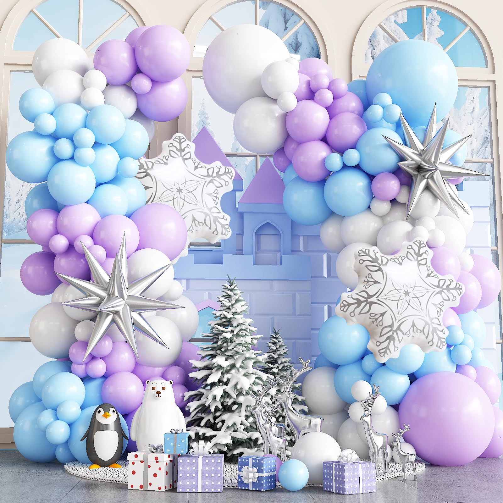Winter Wonderland Balloon Arch Garland Kit, Baby Blue Purple Balloons with Spike Star Snowflake Foil Balloons for Ice Wonderland Christmas Baby Shower