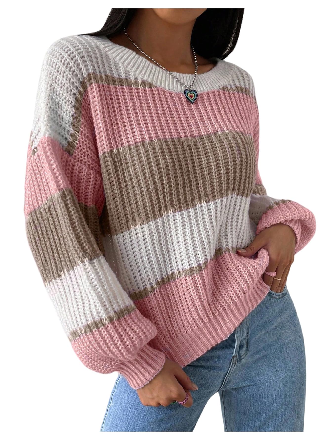MakeMeChic Womens Striped Sweater Color Block Crewneck Casual Loose Soft Knit Christmas Sweater Pullover Tops