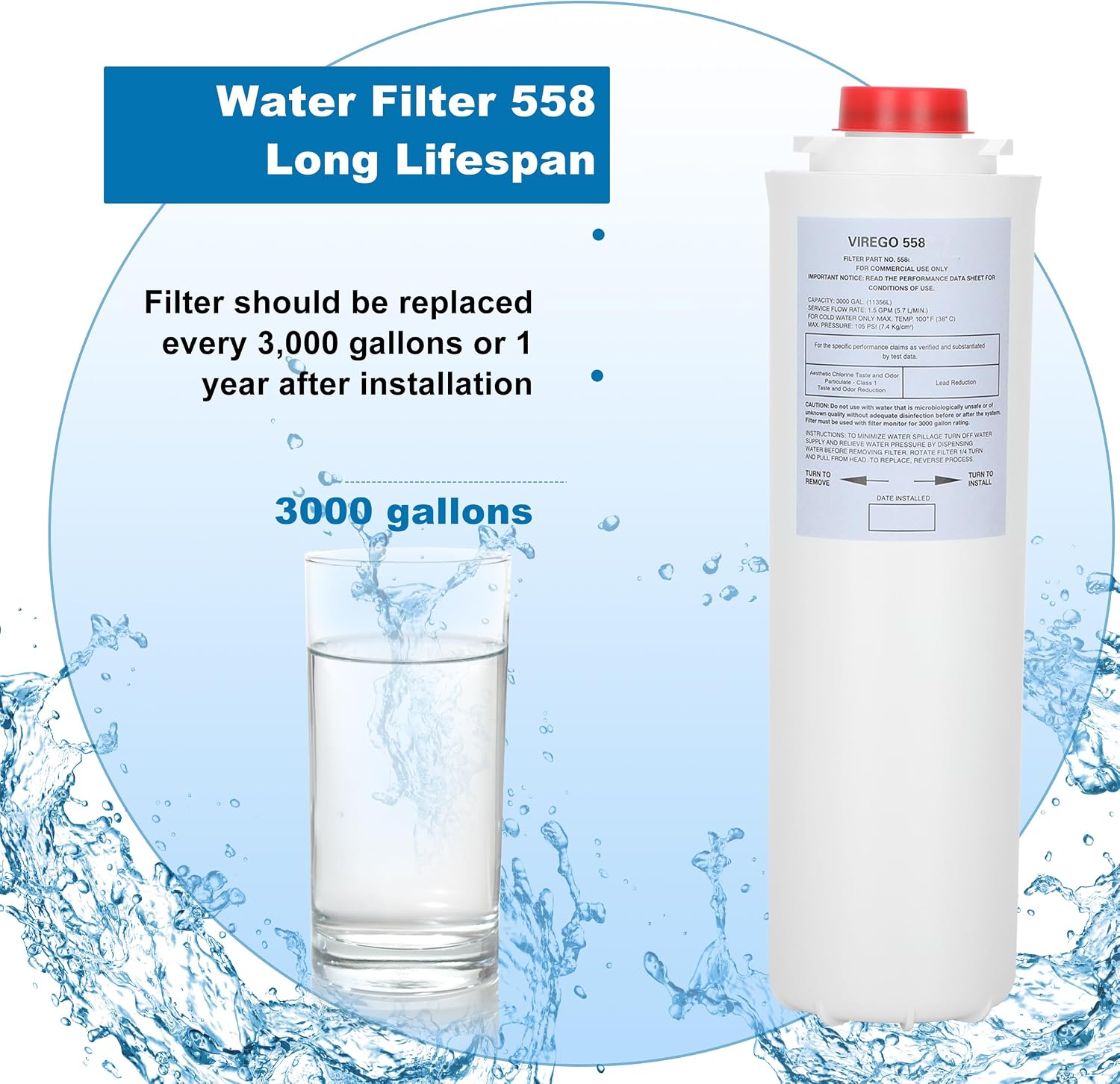 Water Filters, Replacement for Halsey Taylor Drinking Fountain Replacement Filter, Compatible with Water Sentry Filling Station, Replacement for 55898-C® Filter 3000 Gal No Chip
