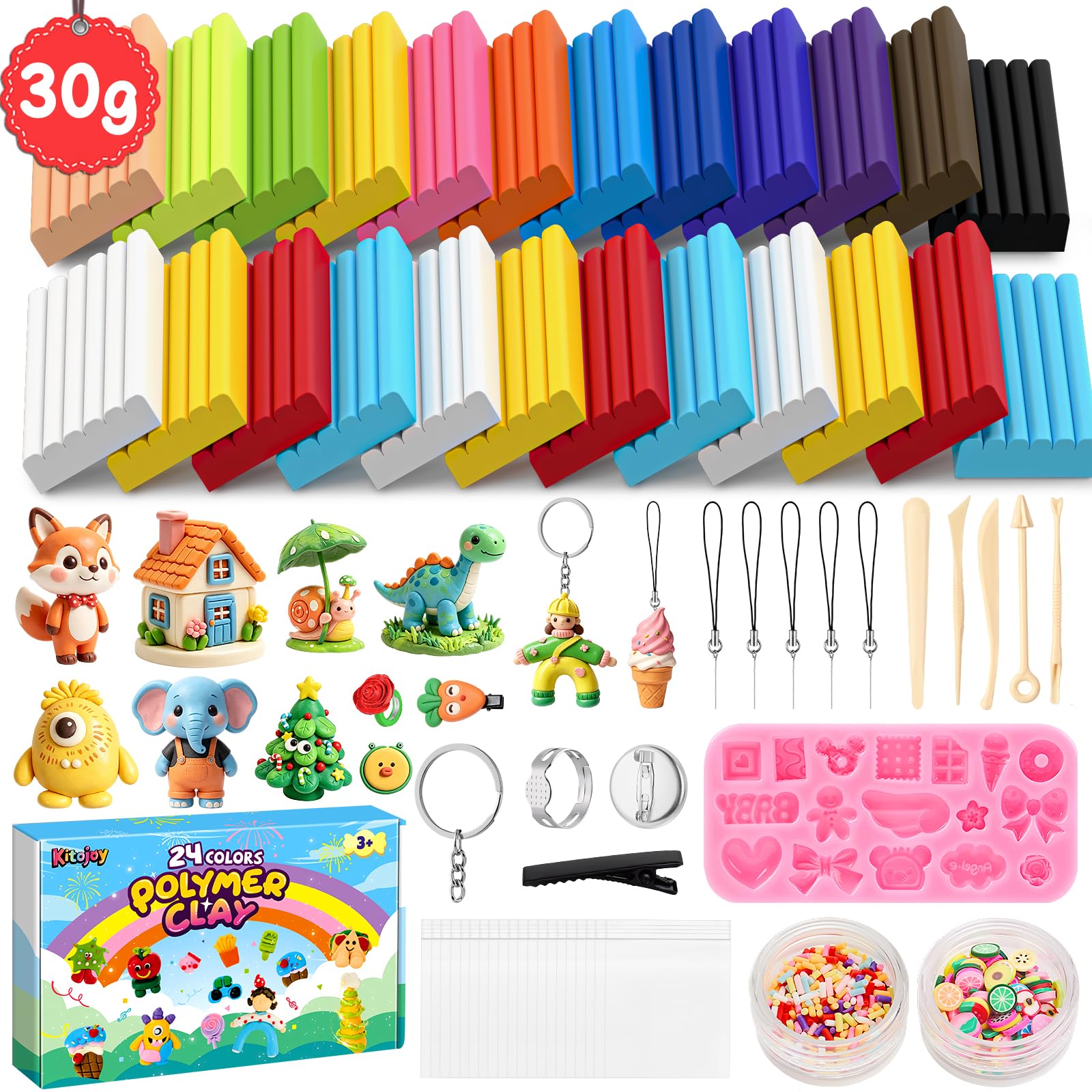 Kitojoy Polymer Clay Set, 24 Colours 30g Each Oven Bake Modelling Clay Kids