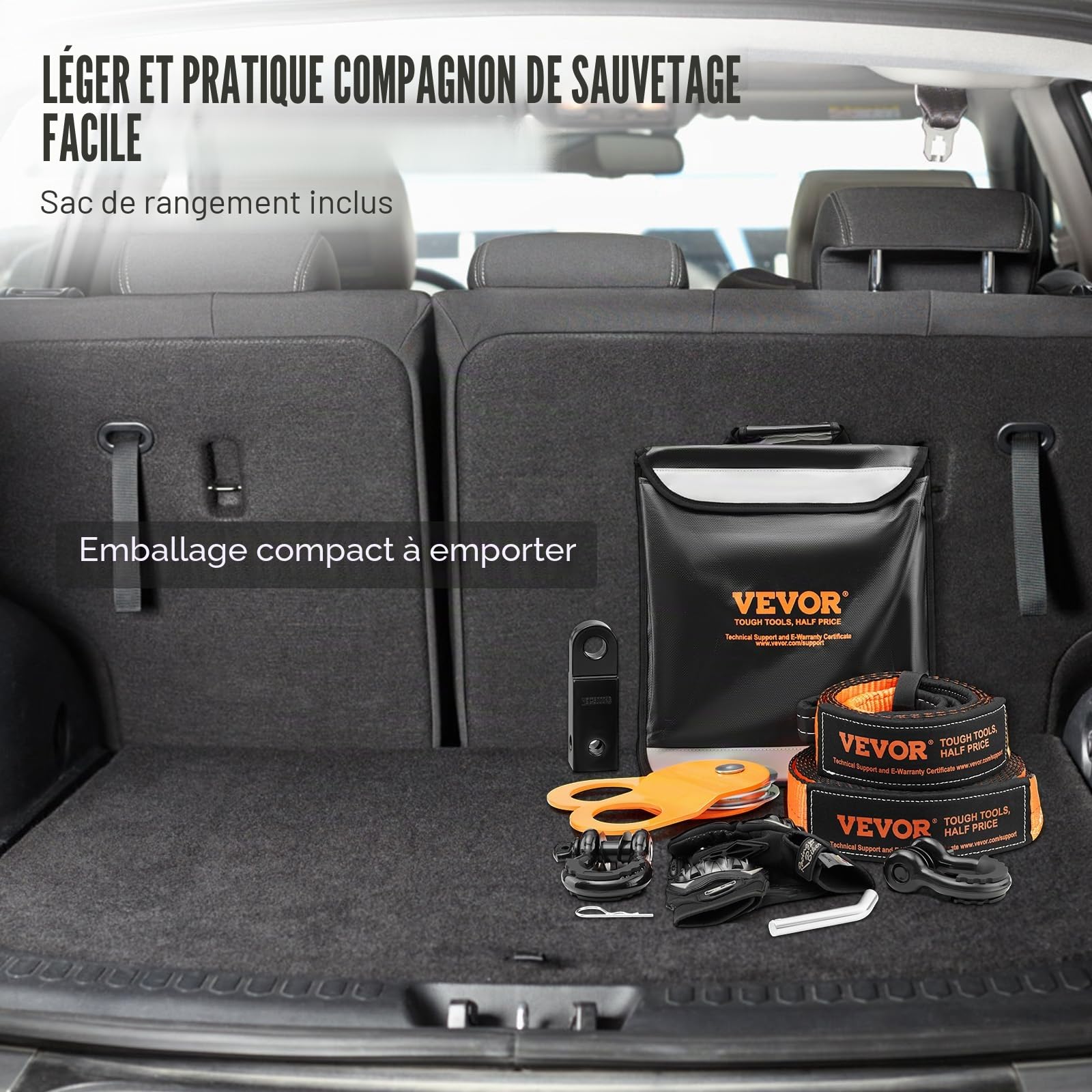 VEVOR Kit récupération tout-terrain 7,6x914,4 cm sangles de remorquage 13608 kg manilles à anneau en D 20000 kg récepteur manille, poulie de bloc d'arrachage, gants, sac rangement pour camion Jeep VTT