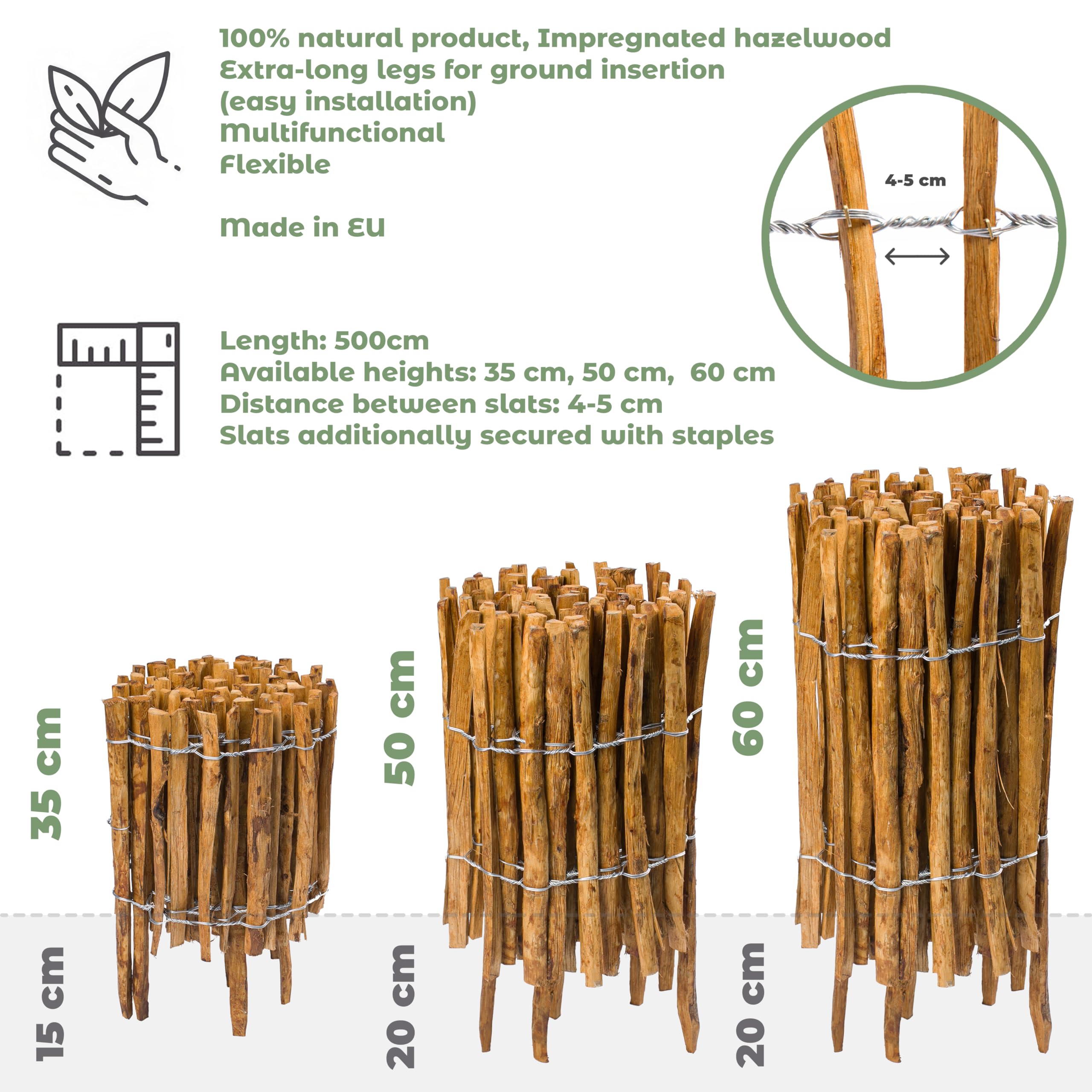 BOGATECO Valla de madera de avellana marrón impregnada | 60 cm de alto y 500 cm de largo | valla de madera | distancia entre listones 4-5 cm | valla de estacas perfecta como borde de bancal o