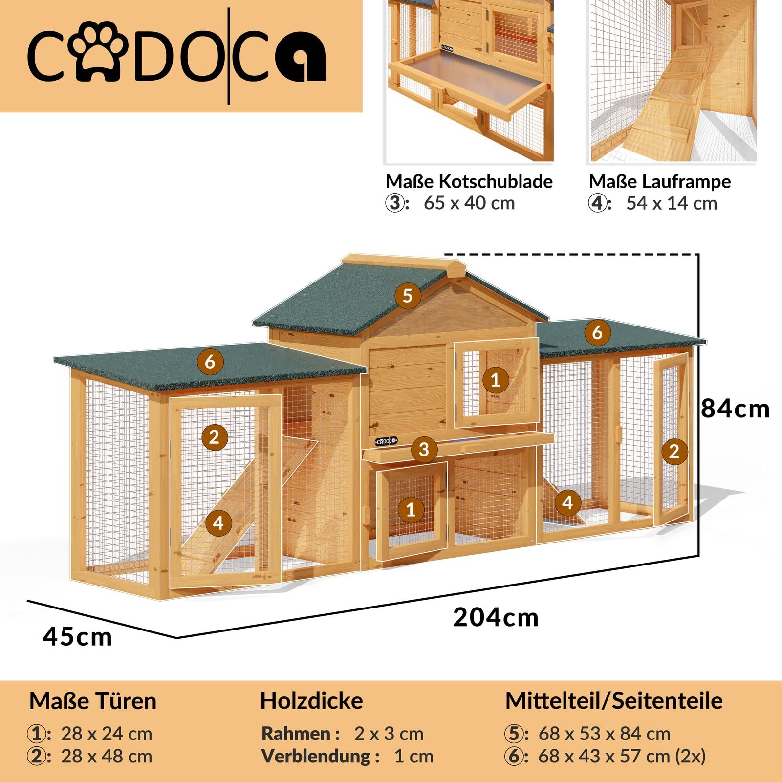 CADOCA® Conejera de Madera, 2 Pisos, 204x45x84cm, Casa Conejos Mascotas Pequeñas, Bandeja Extraíble, 2 Rampas, Techo Asfalto, Gallinero, Fácil Limpieza