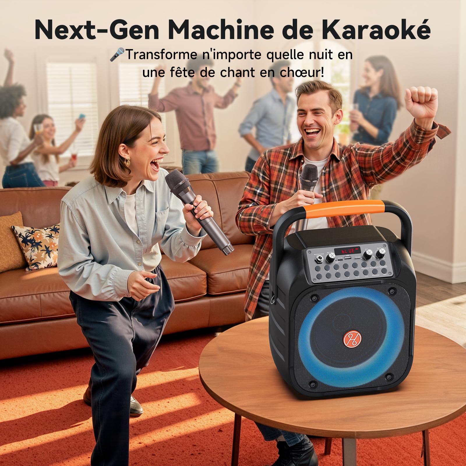 HWWR Enceinte de Karaoké avec 2 Microphones sans Fil, Haut-Parleur Karaoke Complet avec Lumières de fête, Karaoke Adulte et Enfants, Portable Système Karaoké Support AUX/FM/USB/TF Carte